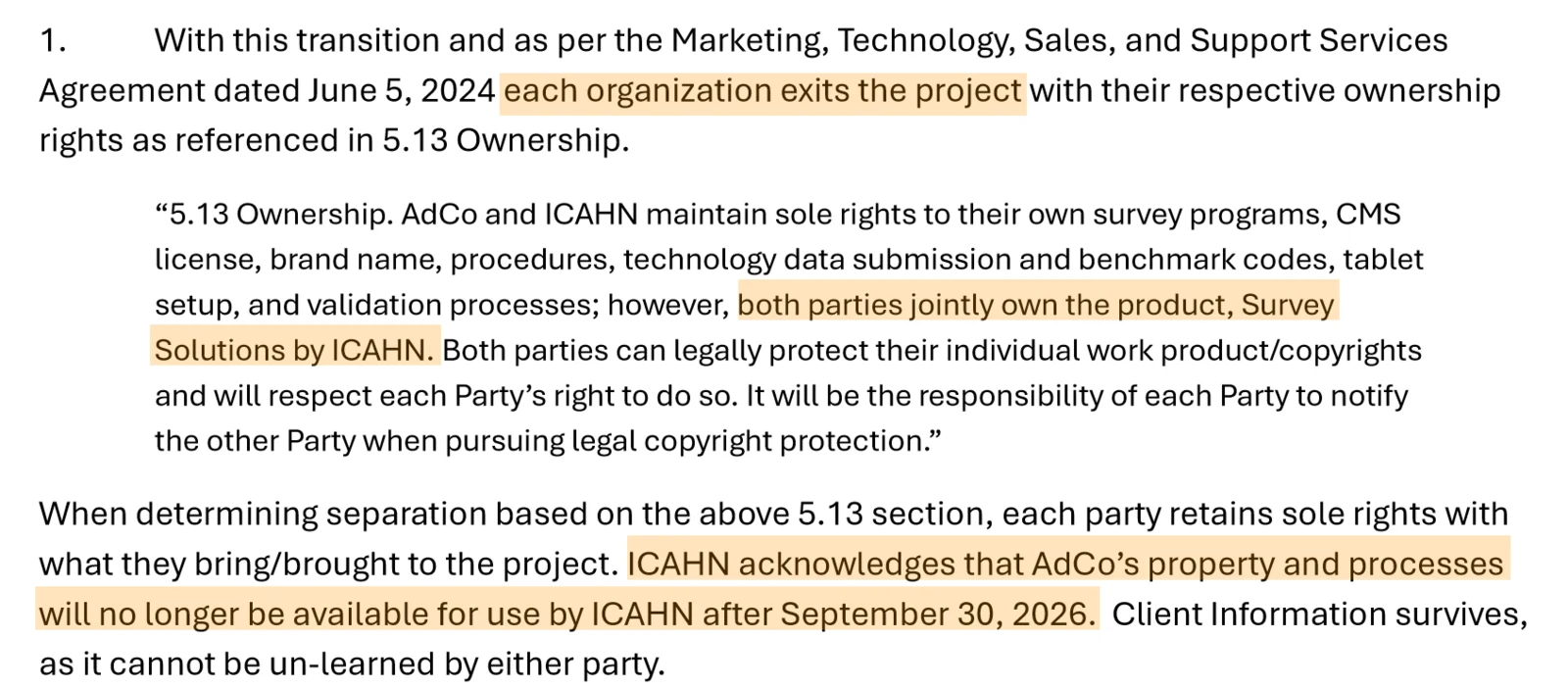 Exit Agreement, section 1, with three passages highlighted: "each organization exits the project"; the quoted section 5.13, "both parties jointly own the product, Survey Solutions by ICAHN"; and "ICAHN acknowledges that AdCo’s property and processes will no longer be available for use by ICAHN after September 30, 2026."
