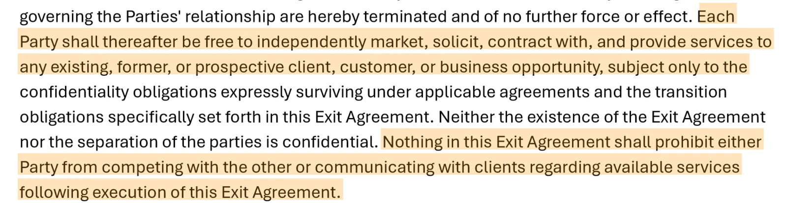 Exit Agreement, section 11, with two passages highlighted: "Each Party shall thereafter be free to independently market, solicit, contract with, and provide services to any existing, former, or prospective client, customer, or business opportunity" and "Nothing in this Exit Agreement shall prohibit either Party from competing with the other or communicating with clients regarding available services following execution of this Exit Agreement."
