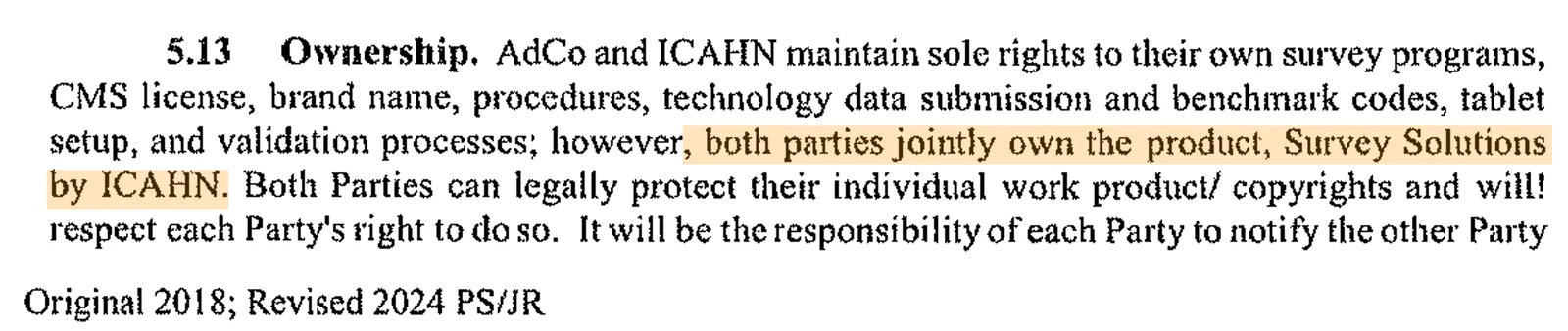 Section 5.13, Ownership, of the master agreement, with the sentence "both parties jointly own the product, Survey Solutions by ICAHN" highlighted. The page footer reads "Original 2018; Revised 2024".